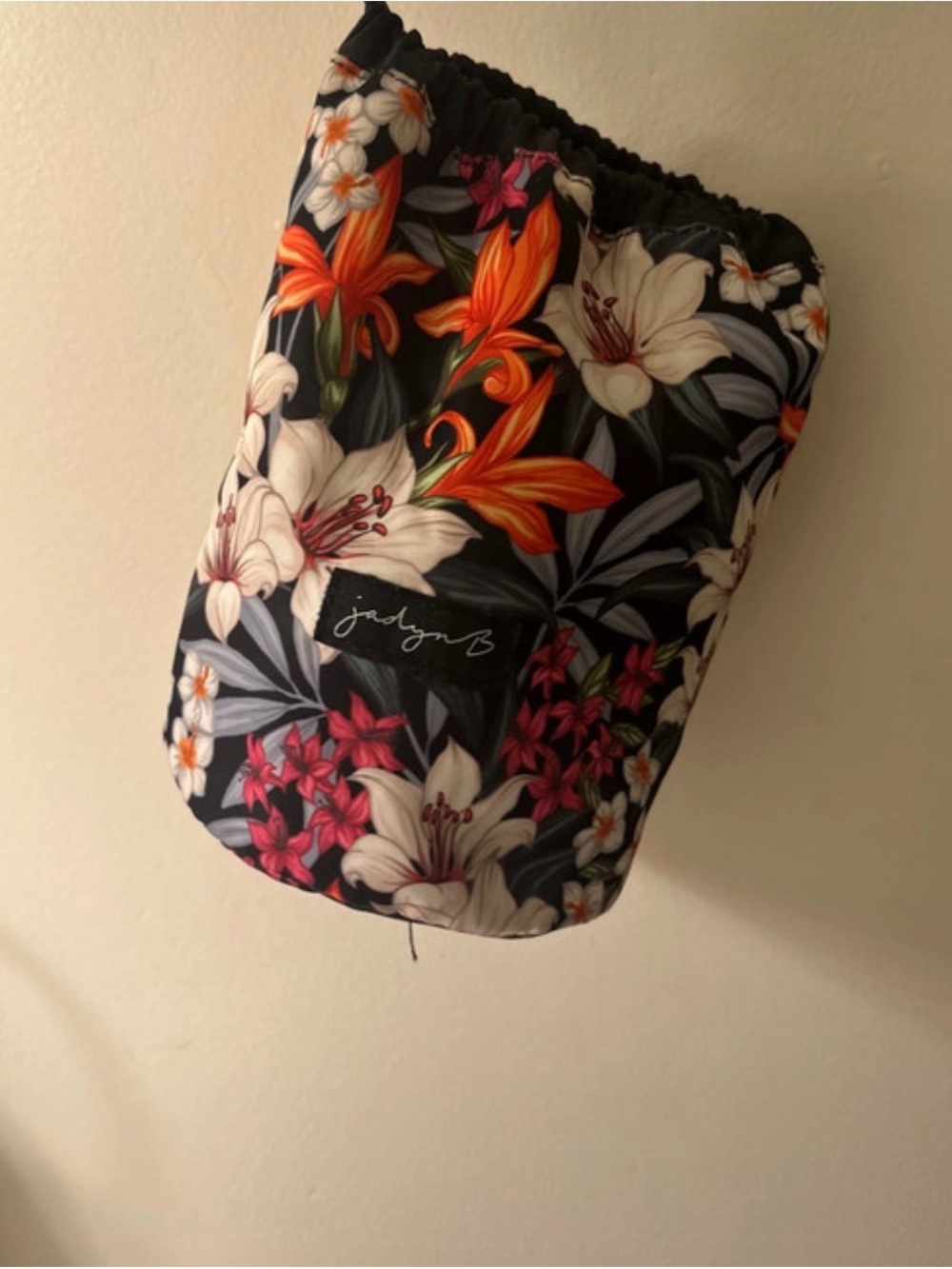 JudynB Floral Drawstring Cosmetic Pouch - Black with Orange & White Flowers